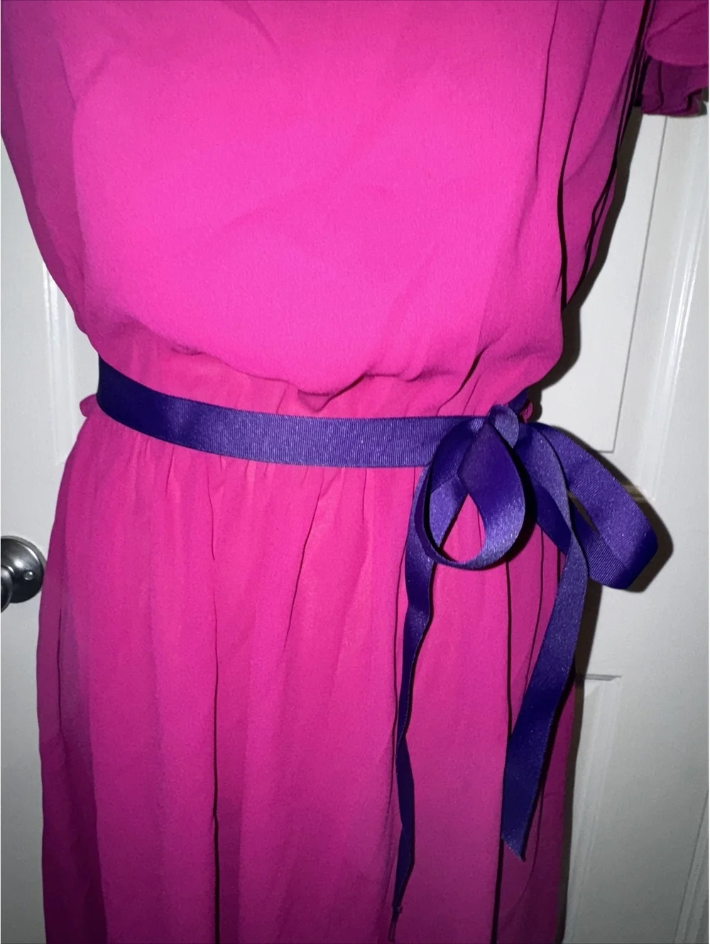 Vintage 80s Fushia Chiffon Boho Secretary Light Sheer Midi Dress size 6/8